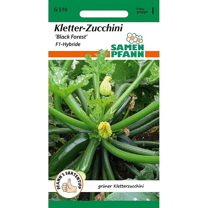 Samen Pfann Saatgut Zucchini, Black Forest F1 (Kletterzucchini) - Cucurbita pepo, 1,6 g - Samen Pfann Samenpackung für Kletterzucchini 'Black Forest', mit grüner Zucchinipflanze, Früchten und Blüten.