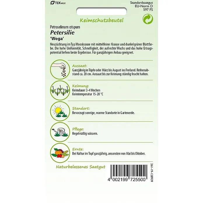 Samen Pfann Saatgut Petersilie, Mooskrause Wega - Petroselinum crispum - Samenpackung für Petersilie 'Wega' mit grün-weißem Design, Anbauanleitung und Barcode.
