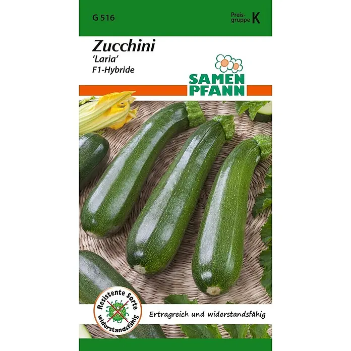 Samen Pfann Saatgut Zucchini, Laria - Cucurbita pepo, 1,6 g - Zucchini 'Laria' F1-Hybride Samenpackung mit frischen grünen Zucchini. Text hebt Widerstandsfähigkeit und Ertrag hervor.
