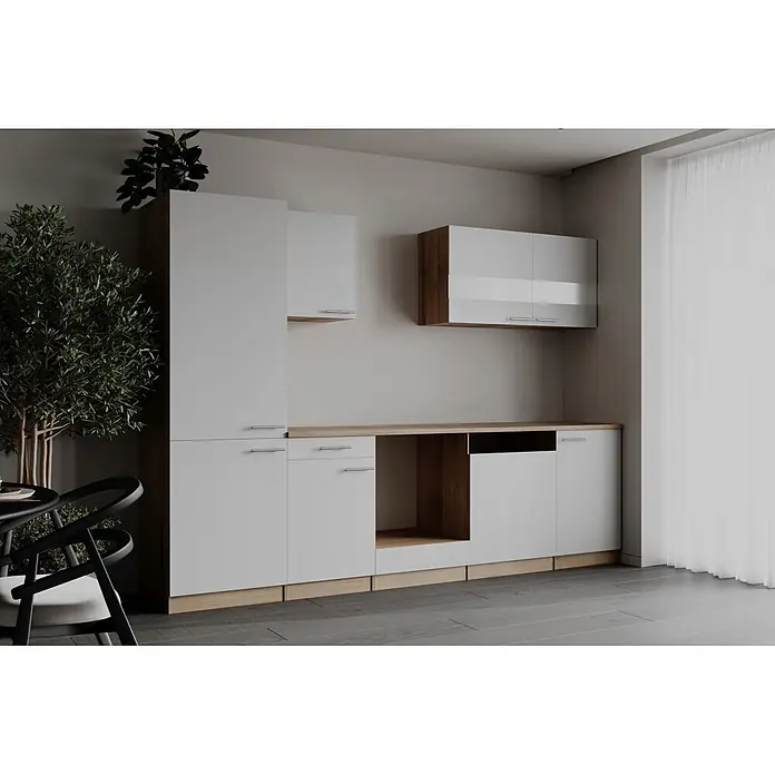 Respekta Merle Küchenleerblock - Breite: 280 cm, Weiß, Ohne Elektrogeräte - Modulare Küchenschränke mit weißen Fronten, Holzoptik-Akzenten und hellen Arbeitsplatten in modernem Interieur.