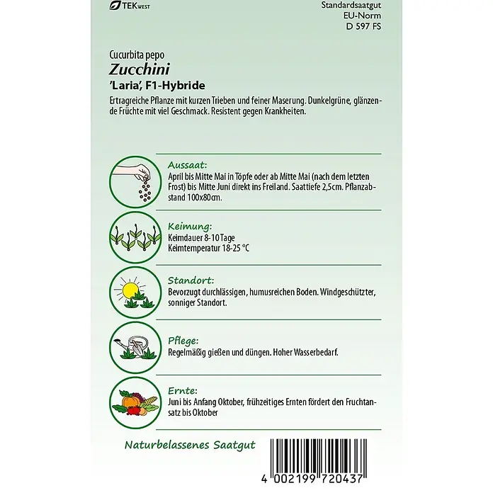 Samen Pfann Saatgut Zucchini, Laria - Cucurbita pepo, 1,6 g - Samenpäckchen für Zucchini 'Laria' F1-Hybride mit Pflanzinformationen und Barcode.