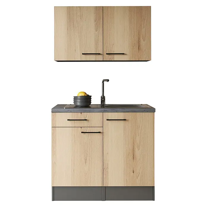Respekta Komplettspüle - 100 x 60 cm, Artisan Eiche Nachbildung, Mit Oberschrank - Helles Holzküchenset mit schwarzen Griffen, dunkler Arbeitsplatte, Spüle und Armatur, bestehend aus Ober- und Unterschränken.