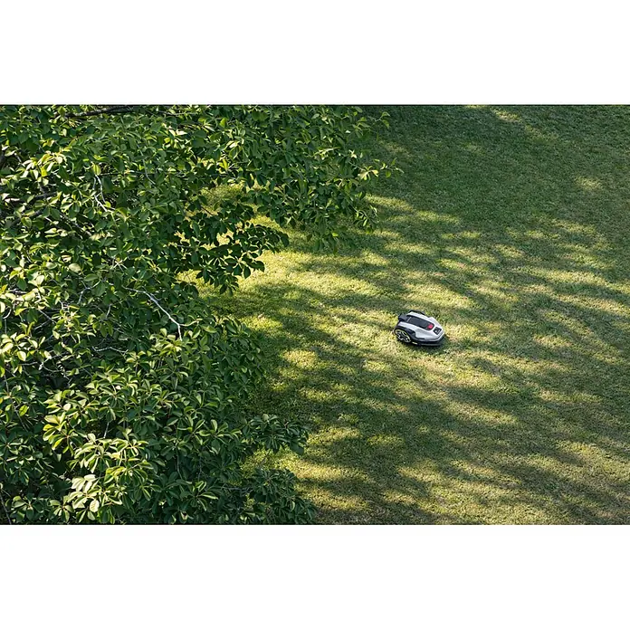 Greenworks Mähroboter AI Mowbot 10 GW KI RTK+VISION - 1.000 m², Schnittbreite: 20 cm, Satellitengestützte Navigation, RTK - Grauer und weißer Rasenroboter mit roten Akzenten mäht einen sonnigen grünen Rasen unter einem Baum.