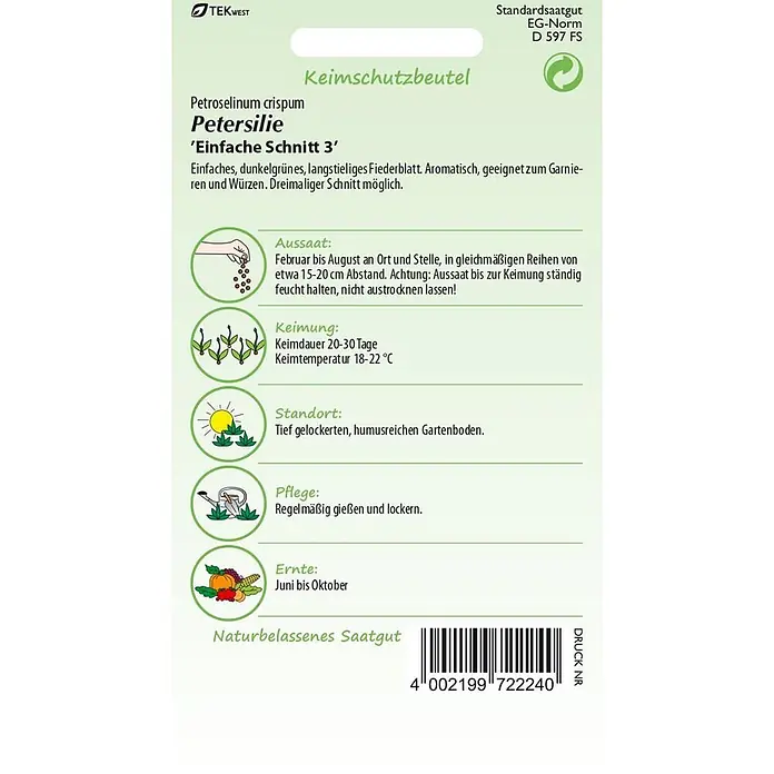 Samen Pfann Saatgut Petersilie, Einfache Schnitt - Petroselinum crispum - Petersilien-Saatgutpackung mit grün-weißem Design, zeigt Pflanzeninfos und Barcode.
