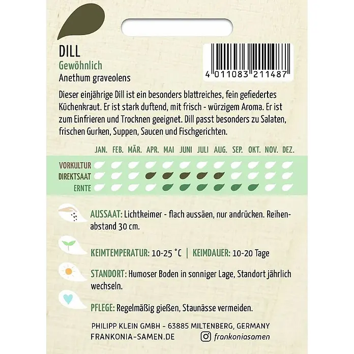 Frankonia Samen Saatgut Dill, Gewöhnlich - Anethum graveolens, 1,63 g - Samenpackung für Gewöhnlichen Dill (Anethum graveolens) mit Anbauinformationen und Barcode.
