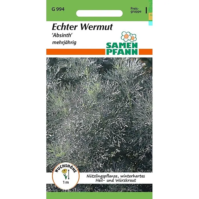 Samen Pfann Saatgut Echter Wermut (Absinth) - Artemisia absinthium, 1,6 g - Samenpäckchen für mehrjährigen Echten Wermut ('Absinth') mit graugrünen, gefiederten Blättern. Nützliches Heil- und Würzkraut, Höhe 1m.