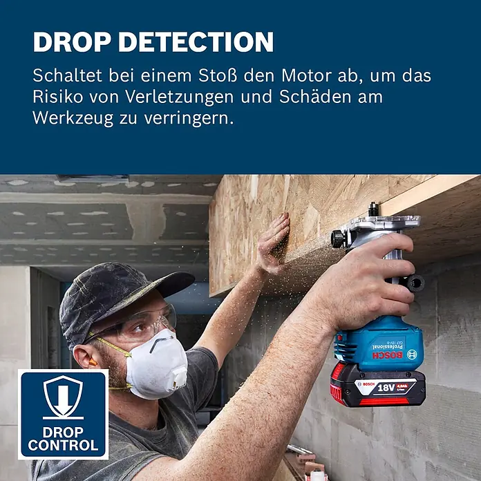 Bosch Professional AMPShare 18V Akku-Kantenfräser GLF 18V-8 PRO SOLO - 18 V, Ohne Akku, 10.000 U/min - 30.000 U/min, Inkl. L-Boxx - Ein Mann nutzt einen blauen Bosch Akku-Fräser mit 18V-Akku für Holzarbeiten, mit Drop Control Funktion.