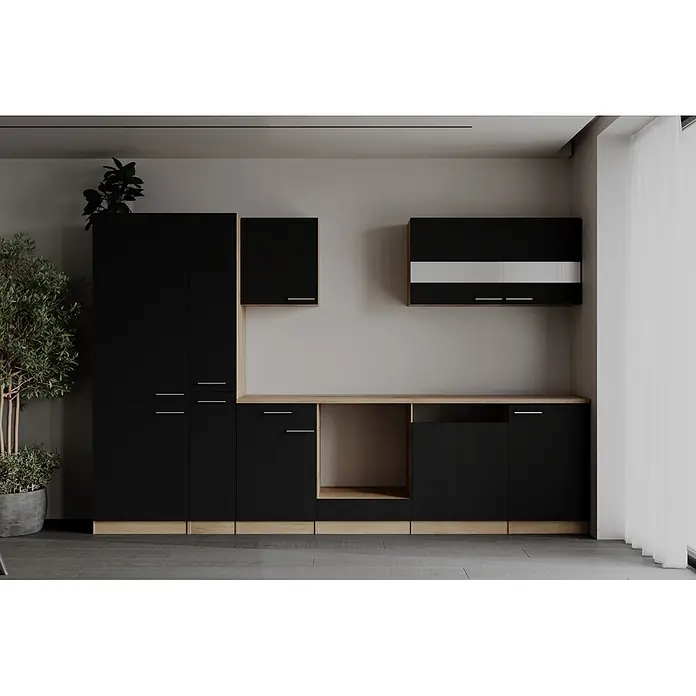 Respekta Merle Küchenleerblock - Breite: 310 cm, Schwarz, Ohne Elektrogeräte - Moderne schwarze Küchenschränke mit hellen Holzdetails, inklusive Hoch-, Unter- und Oberschränken.