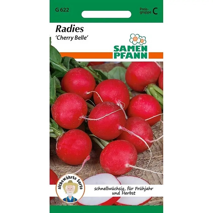 Samen Pfann Saatgut Radies, Cherry Belle - Raphanus sativus, 1,9 g - Samenpackung für Radieschen 'Cherry Belle' mit Abbildung roter Radieschen. Schnellwüchsig, für Frühjahr und Herbst.