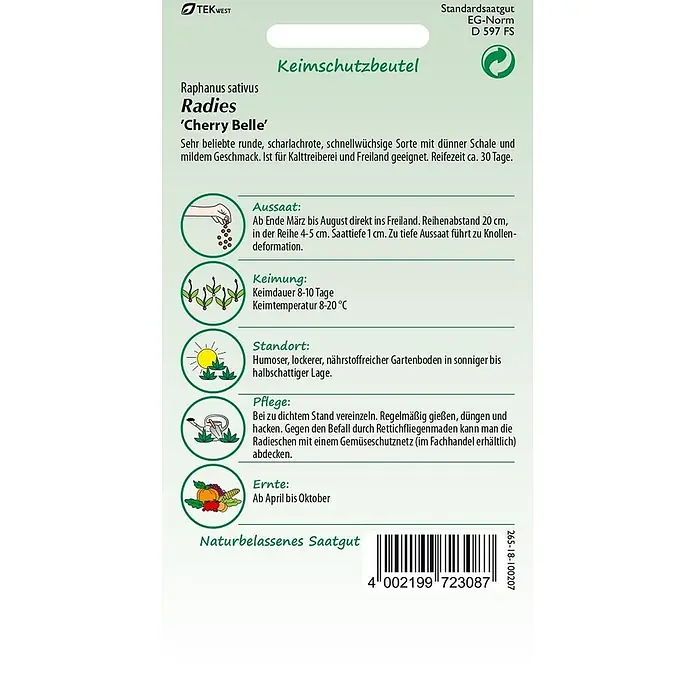 Samen Pfann Saatgut Radies, Cherry Belle - Raphanus sativus, 1,9 g - Grün-weiße Samenpackung für Radieschen 'Cherry Belle' mit Anbauinformationen und Illustrationen.