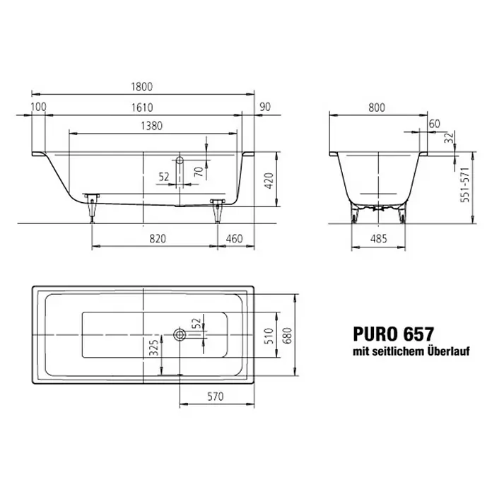 Kaldewei Badewanne Puro 657 - 180 x 80 cm, Stahl-Email, Alpinweiß - Produktzeichnung: PURO 657 Badewanne mit seitlichem Überlauf, Maße und Ansichten für Installation und Design.