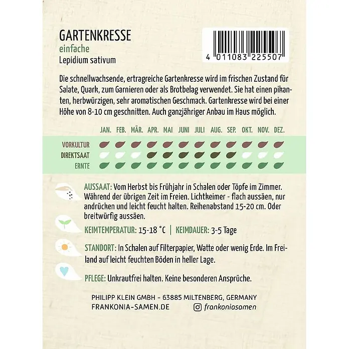 Frankonia Samen Saatgut Gartenkresse - Lepidium sativum, 6,67 g - Weißes Samenpäckchen für Gartenkresse mit grünem Text, Pflanzanleitung und Barcode.