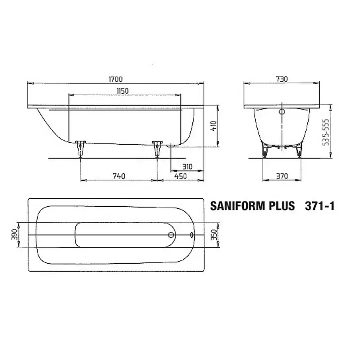 Kaldewei Badewanne Saniform Plus 371-1 - 170 x 73 cm, Stahl-Email, Alpinweiß - Technische Zeichnung der Badewanne SANIFORM PLUS 371-1 mit Maßangaben für Installation und Design.