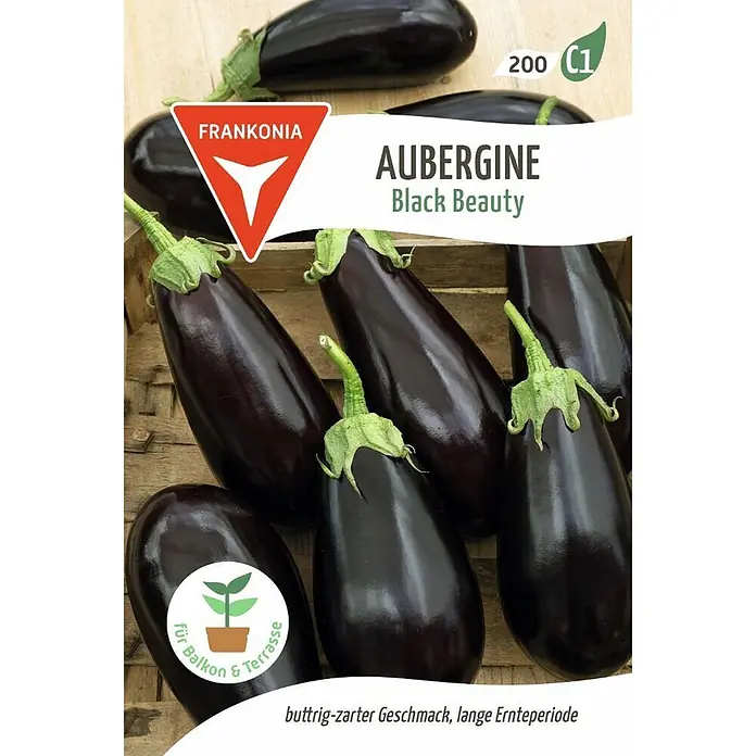 Frankonia Samen Saatgut Aubergine, Black Beauty - Soanum meongena, 1,45 g - Aubergine 'Black Beauty' auf Holz, mit Verpackungsdetails zu Anbau und Geschmack.