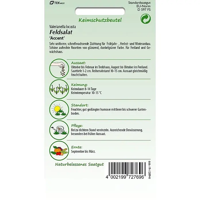 Samen Pfann Saatgut Feldsalat, Accent - Valerianella locusta - Samentüte für Feldsalat 'Accent' mit Pflanz- und Pflegeanweisungen.