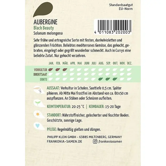 Frankonia Samen Saatgut Aubergine, Black Beauty - Soanum meongena, 1,45 g - Weißes Auberginen-Samenpäckchen 'Black Beauty' mit Pflanzanleitung und Barcode.