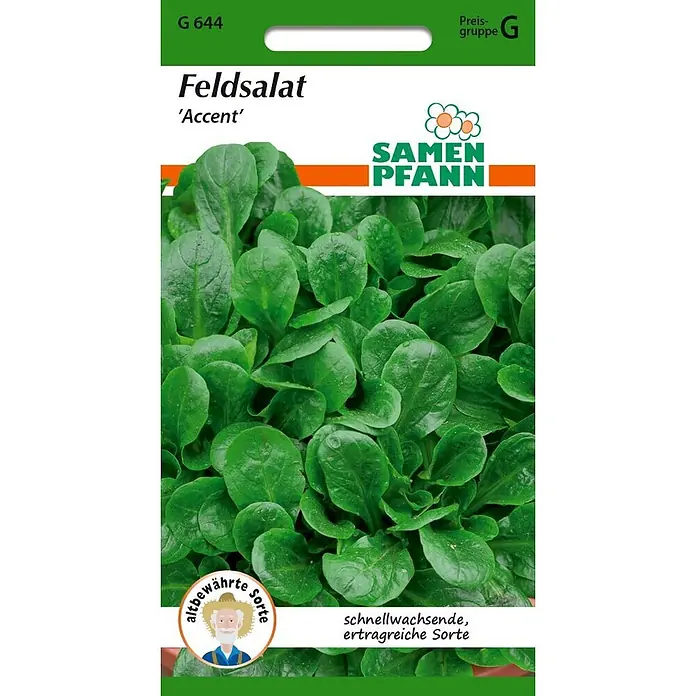Samen Pfann Saatgut Feldsalat, Accent - Valerianella locusta - Grüne Samenpackung für Feldsalat 'Accent' von Samen Pfann mit frischen Blättern des Salats.