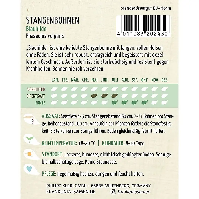 Frankonia Samen Saatgut Stangenbohne, Blauhilde - Phaseolus vulgaris, 5,67 g - Samenpackung für Stangenbohnen 'Blauhilde' mit Anbauanleitung und Barcode.