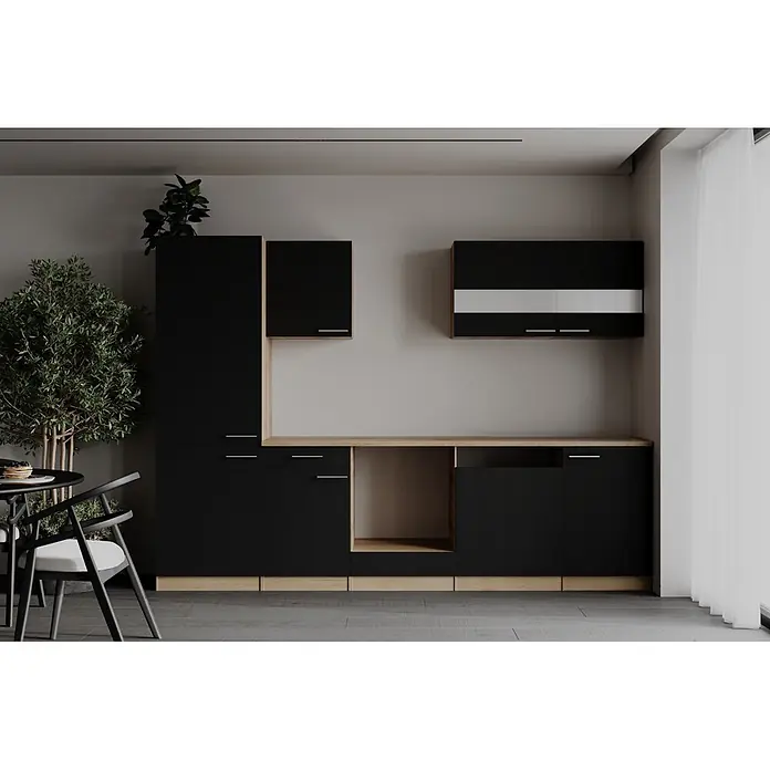 Respekta Merle Küchenleerblock - Breite: 280 cm, Schwarz, Ohne Elektrogeräte - Moderne schwarze Küchenschrank-Garnitur mit hellen Holzdetails und weißen Hochglanzpaneelen in Wohnumgebung.