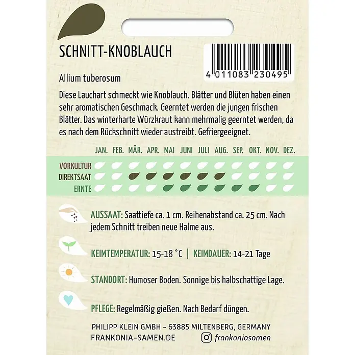 Frankonia Samen Saatgut Schnitt-Knoblauch - Aium tuberosum, 1,58 g - Samenpäckchen für Schnitt-Knoblauch mit Anzuchtanleitung und Barcode.