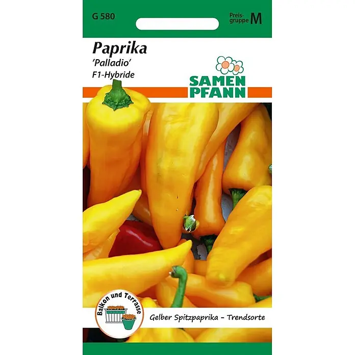 Samen Pfann Saatgut Paprika, Palladio F1 - Capsicum annuum, var. Palladio F1, 1,6 g - Samentüte für 'Palladio' F1-Hybrid gelben Spitzpaprika, geeignet für Balkon und Terrasse.