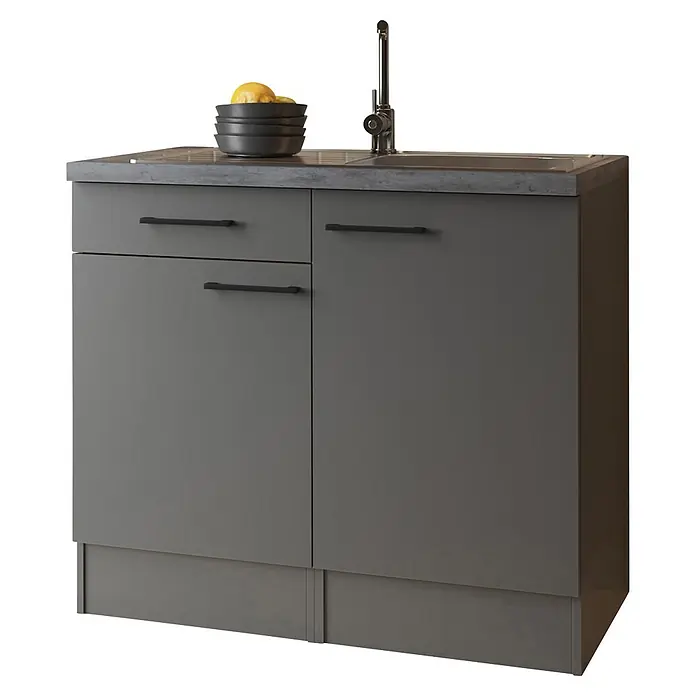 Respekta Komplettspüle - 100 x 60 cm, Grau, Ohne Oberschrank - Grauer Spülunterschrank mit Beton-Arbeitsplatte, Edelstahlarmatur und schwarzen Griffen, mit zwei Schubladen und zwei Türen.