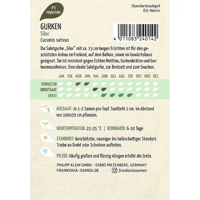 Frankonia Samen Saatgut Gurke, Silor F1 - Cucumis sativus - Samenpackung für F1-Hybride 'Silor' Gurken mit Pflanzanleitung, Barcode und Firmeninformationen.