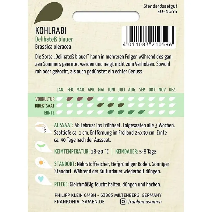 Frankonia Samen Saatgut Kohlrabi, Delikatess blauer - Brassica oleracea, 1,53 g - Samenpäckchen für Kohlrabi 'Delikateß blauer' mit Pflanzanleitung und Barcode.