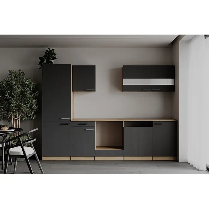 Respekta Merle Küchenleerblock - Breite: 280 cm, Grau, Ohne Elektrogeräte - Moderne dunkelgraue Küche mit Holzdetails, Schränken, Schubladen und Arbeitsplatte, in einem kompakten Wohnraum.