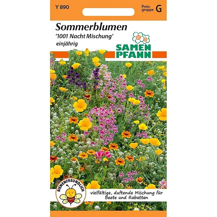 Samen Pfann Saatgut Blumenmischung, Sommerblumen 1001 Nacht - Sommerblumen, 1,9 g - Samenpäckchen für '1001 Nacht Mischung' Sommerblumen von Samen Pfann mit Bienenlogo. Vielfältige, duftende Blumen für Beete.