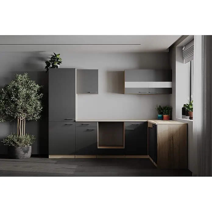 Respekta Merle Küchenleerblock - B x L: 280 x 172 cm, Grau, Ohne Elektrogeräte - Stilvolle dunkelgraue Küchenmöbel mit hellen Holz-Akzenten und Arbeitsplatte.