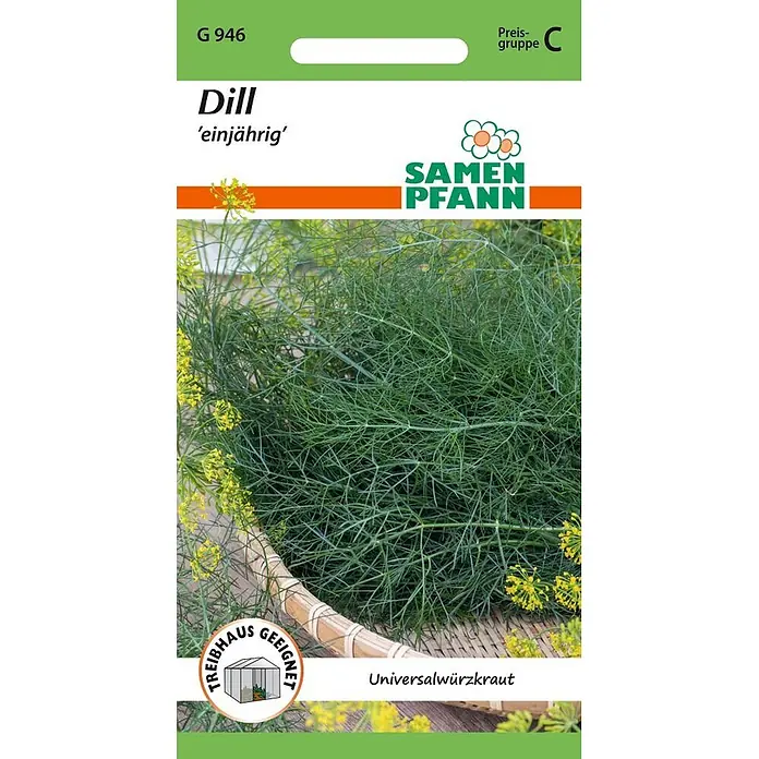 Samen Pfann Saatgut Dill - Anethum graveolens - Samen Pfann Dill-Samentüte mit frischem Dill, beschriftet als 'einjähriges Universalwürzkraut' und 'für Treibhaus geeignet'.