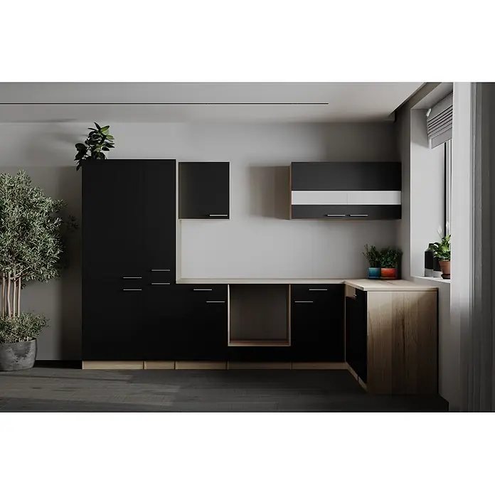 Respekta Merle Küchenleerblock - B x L: 310 x 172 cm, Schwarz, Ohne Elektrogeräte - Moderne L-förmige Küche mit schwarzen Schränken und hellen Holz-Arbeitsplatten.