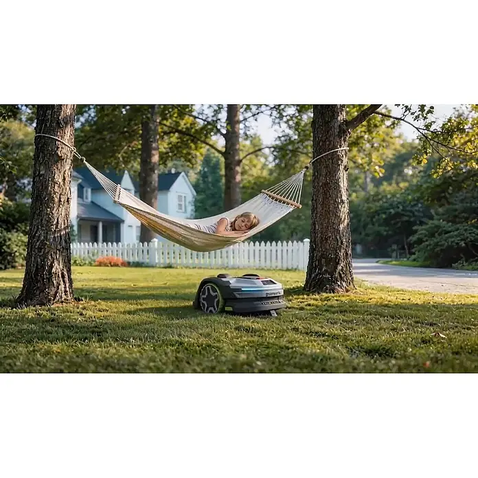 Greenworks Mähroboter AI Mowbot 10 GW KI RTK+VISION - 1.000 m², Schnittbreite: 20 cm, Satellitengestützte Navigation, RTK - Ein dunkler Mähroboter mit grünen Akzenten und blauem Lichtband steht auf einem Rasen, während ein Kind in einer Hängematte darüber schläft.
