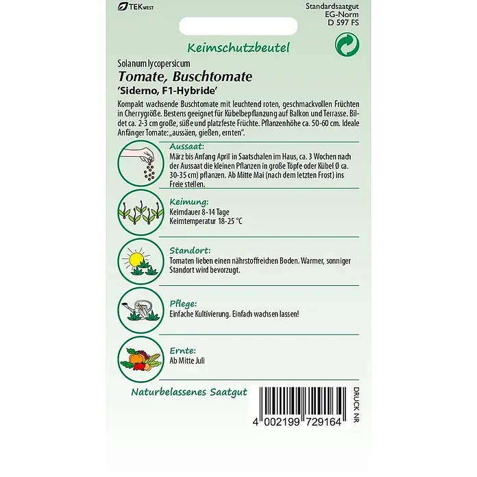 Samen Pfann Saatgut Tomate, Siderno F1 - Solanum lycopersicum, var. Siderno F1, 1,6 g - Saatguttüte für TEKWEST 'Siderno, F1-Hybride' Buschtomaten mit Produktinformationen, Pflanzanleitung und Barcode auf grün-weißer Verpackung.