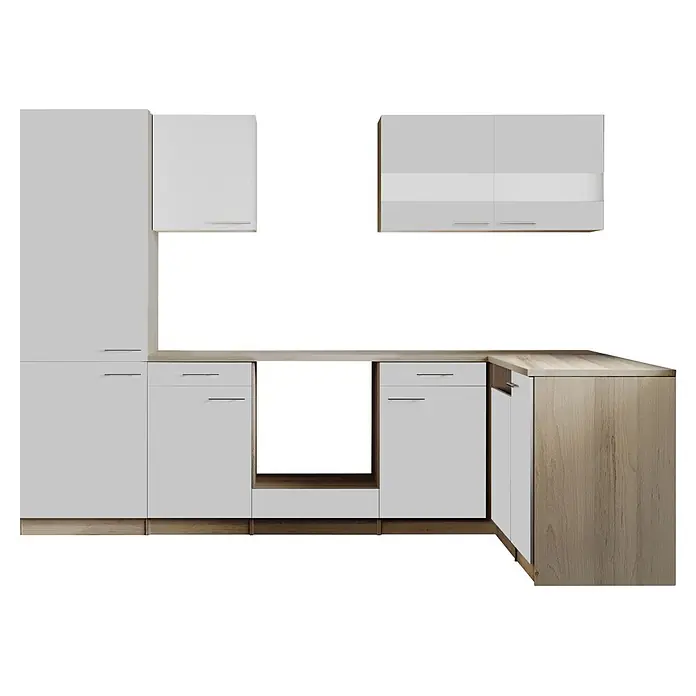 Respekta Merle Küchenleerblock - B x L: 280 x 172 cm, Weiß, Ohne Elektrogeräte - Modulare Küchenzeile mit weißen Fronten, heller Holzplatte und Akzenten, in L-Form angeordnet.