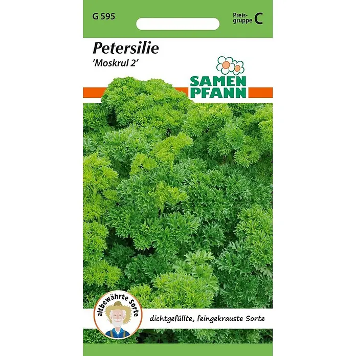 Samen Pfann Saatgut Petersilie, Mooskrause - Petroselinum crispum - Samenpäckchen für Petersilie 'Moskrul 2', mit Bild von leuchtend grünen, dicht gekrausten Petersilienblättern.