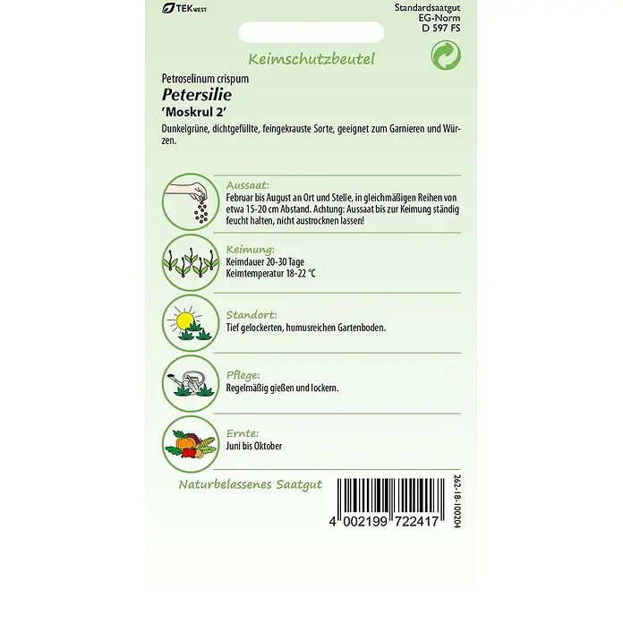 Samen Pfann Saatgut Petersilie, Mooskrause - Petroselinum crispum - Samenpäckchen für Petersilie 'Moskrul 2', mit Anbauanleitung und Barcode.