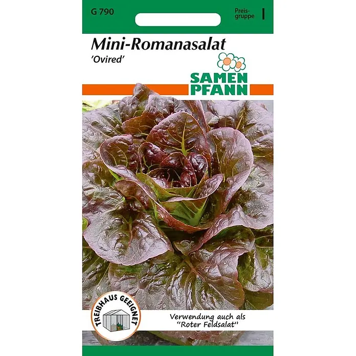 Samen Pfann Saatgut Romanasalat, Ovired - Lactuca sativa, var. Ovired, 1,6 g - Samenpäckchen für 'Ovired' Mini-Romanasalat, mit Nahaufnahme von dunkelroten Salatblättern.