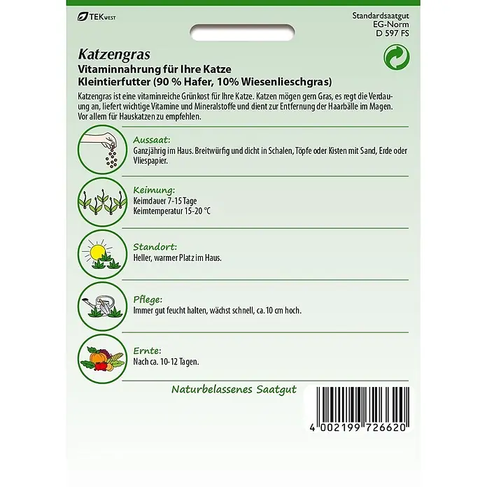 Samen Pfann Saatgut Katzengras - 4,7 g - Verpackung für Katzengras-Saatgut mit Anweisungen zum Anbau und Nährwertangaben.