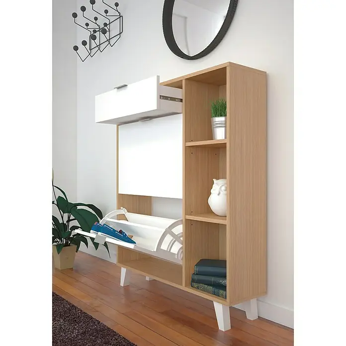 Meka Block Zapatero Nordic - L x An x Al: 25 x 90 x 115 cm, Blanco/Roble - Elegante zapatero con cajón y estantes que ofrece un almacenamiento práctico para zapatos y accesorios.