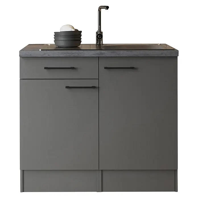 Respekta Komplettspüle - 100 x 60 cm, Grau, Ohne Oberschrank - Dunkelgrauer Küchenunterschrank mit Spüle, Wasserhahn, grauer Arbeitsplatte und schwarzen Griffen.