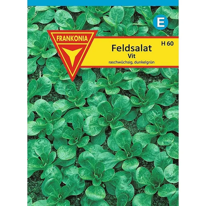 Frankonia Samen Saatgut Feldsalat, Vit - Valerianella locusta - Frankonia Feldsalat Vit Saatgutpackung mit schnellwachsenden, dunkelgrünen Feldsalatpflanzen. Gelbes Etikett mit Produktdetails.