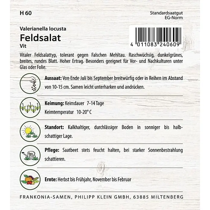 Frankonia Samen Saatgut Feldsalat, Vit - Valerianella locusta - Samenpackung für Feldsalat (Valerianella locusta) mit detaillierten Anbau- und Pflegehinweisen.