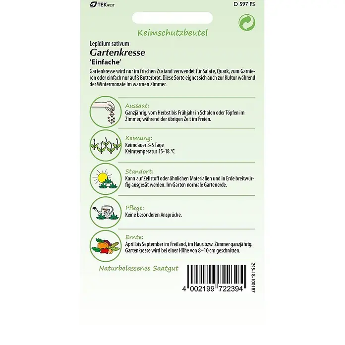 Samen Pfann Saatgut Gartenkresse - Lepidium sativum, 2,4 g - Samentüte für Gartenkresse 'Einfache' mit detaillierten Anweisungen zu Aussaat, Keimung, Standort, Pflege und Ernte.