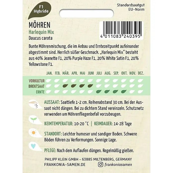 Frankonia Samen Saatgut Möhre, Harlequin Mix F1 - Daucus carota, 1,53 g - Saatguttüte für Harlequin Mix Möhren mit Anbauanleitung und Sortendetails.