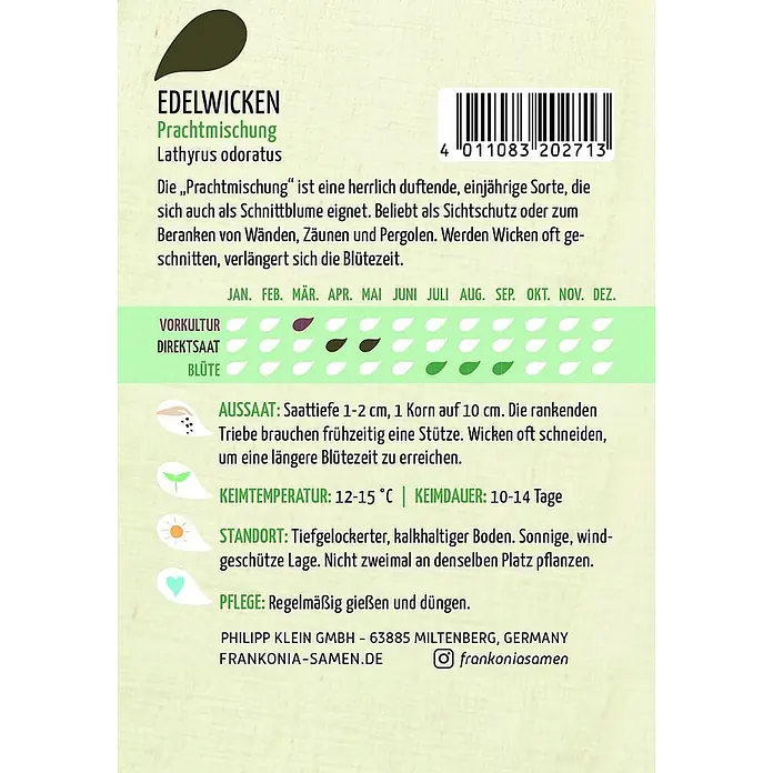 Frankonia Samen Saatgut Edelwicke, Prachtmischung - Lathyrus odoratus, 1,73 g - Samentüte für Edelwicken Prachtmischung mit Pflanzanleitung und Barcode.