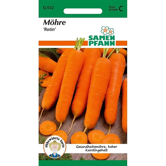 Samen Pfann Saatgut Möhre, Rotin - Daucus carota - Samen Pfann Samentüte für Möhre 'Rotin', zeigt leuchtend orange Karotten.