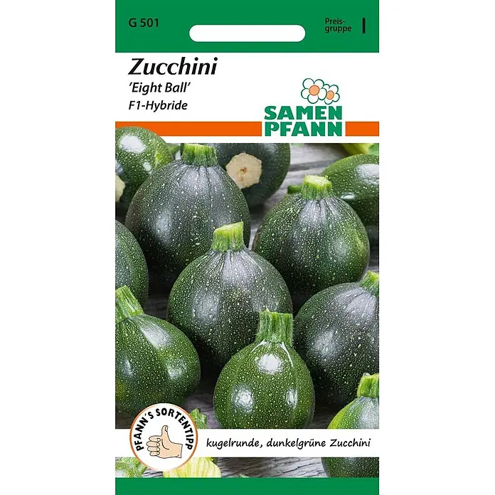 Samen Pfann Saatgut Zucchini, Eight Ball F1 - Cucurbita pepo, 1,6 g - Verpackung für Samen Pfann 'Eight Ball' F1-Hybride Zucchinisaatgut, zeigt runde, dunkelgrüne Zucchini.