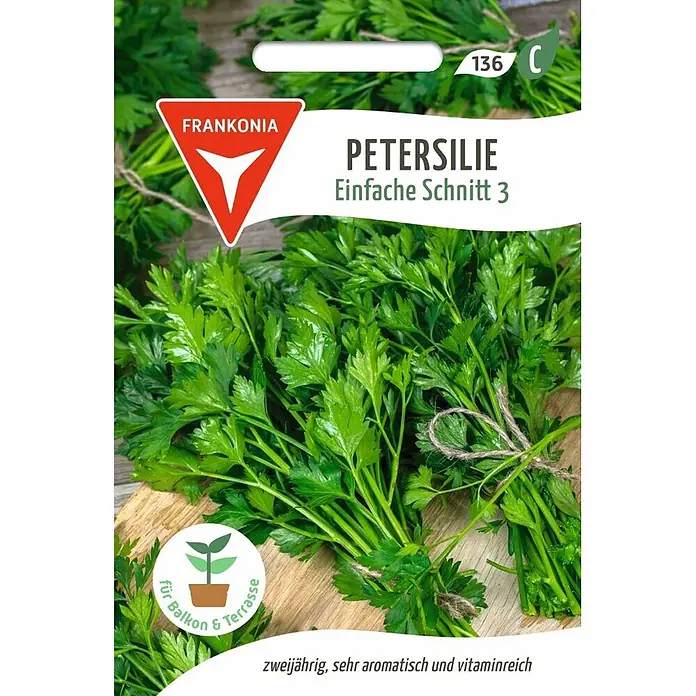 Frankonia Samen Saatgut Petersilie, Einfache Schnitt 3 - Petroseinum crispum, 1,73 g - Frankonia Petersiliensamen-Päckchen, Sorte 'Einfache Schnitt 3', für zweijährigen, aromatischen, vitaminreichen Anbau auf Balkon oder Terrasse.